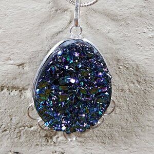 New Womens Blue Druzzy Meterorite Teardrop Necklace 925 Sterling Silver 18"